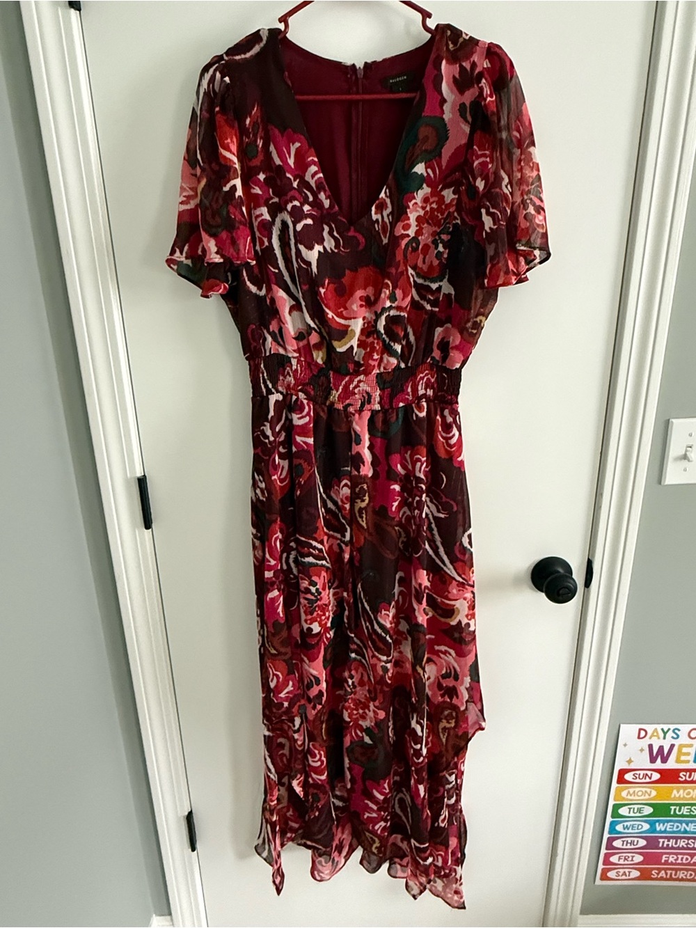 Halogen Burgundy and Pink Floral V-Neck High-Low Dress